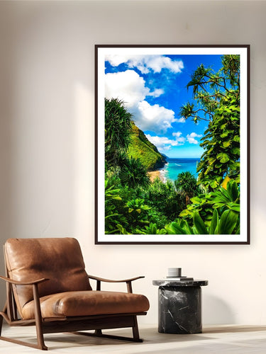 Mauka and Makai by Natalie Nishioka from Kaua'i, Hawai'i - framed black frame fine art photography displayed in a reading nook setting