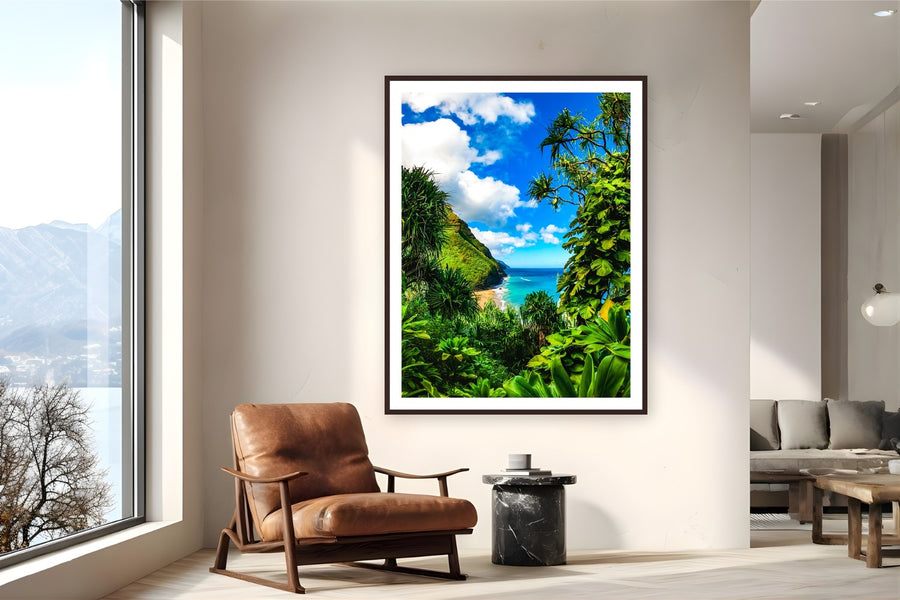 Mauka and Makai by Natalie Nishioka from Kaua'i, Hawai'i - framed black frame fine art photography displayed in a reading nook setting