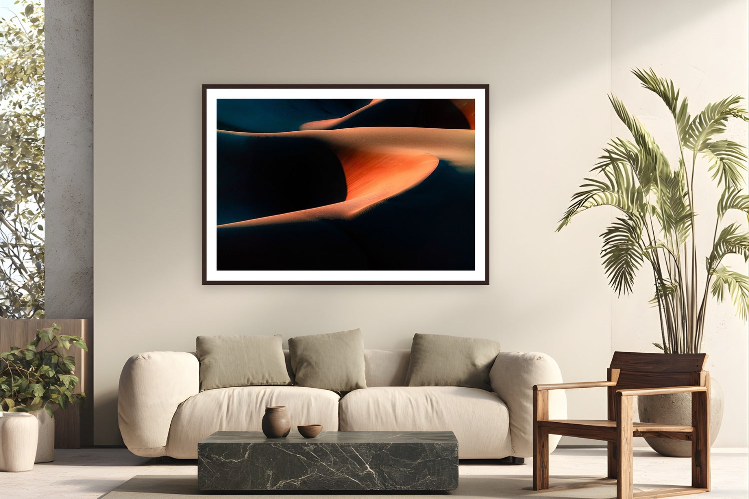 Liwa Dune by Ryan Valasek from United Arab Emirates - framed black frame fine art photography displayed in a modern living room setting