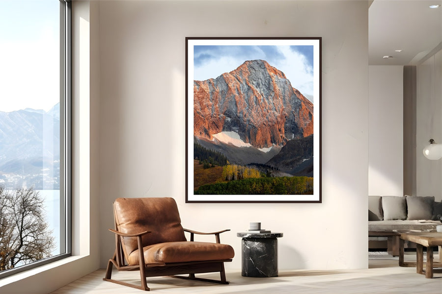 Above The Fall Line by Sam Ferguson from Snowmass, Colorado - framed black frame fine art photography displayed in a reading nook setting