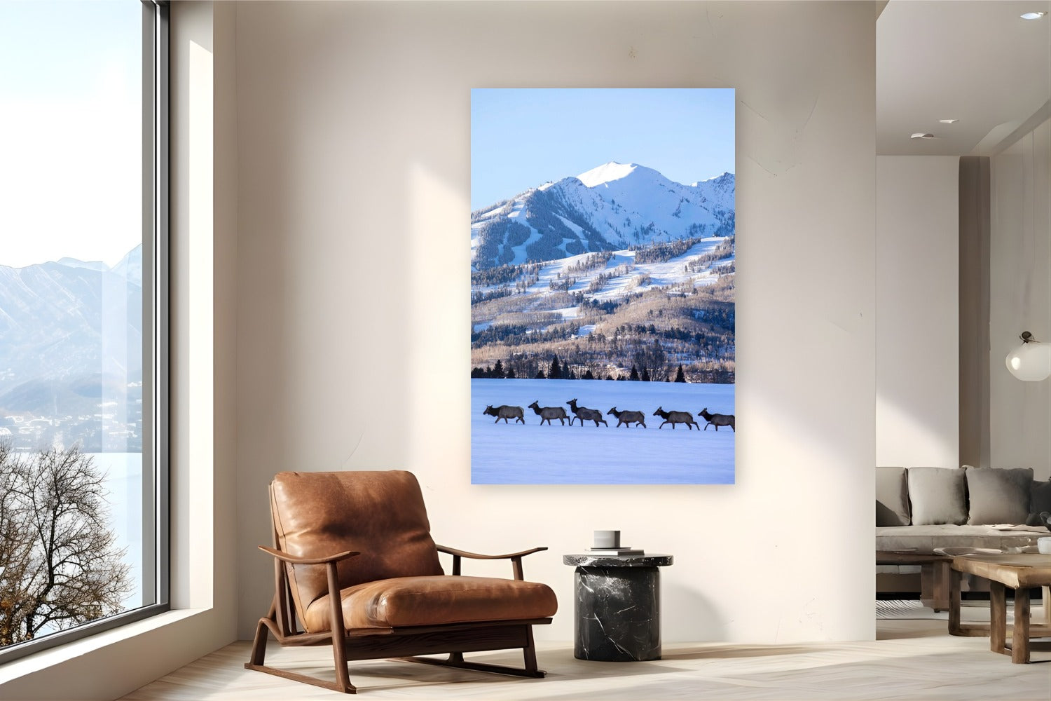 Elk Crossing by Sam Ferguson from Aspen Highlands, Colorado - metal print fine art photography displayed in a reading nook setting