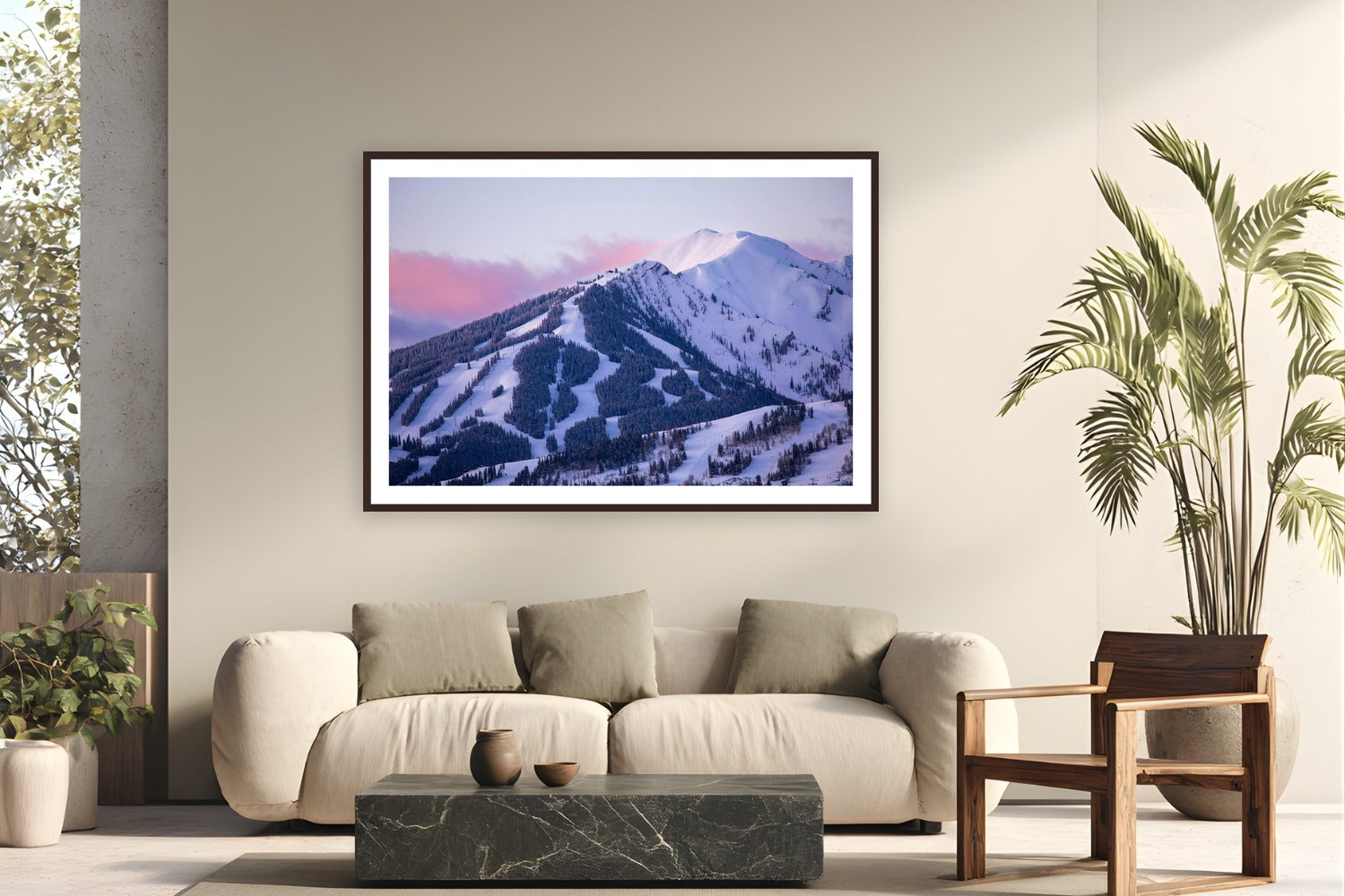 Highlands Sunrise by Sam Ferguson from Aspen, Colorado - framed black frame fine art photography displayed in a modern living room setting