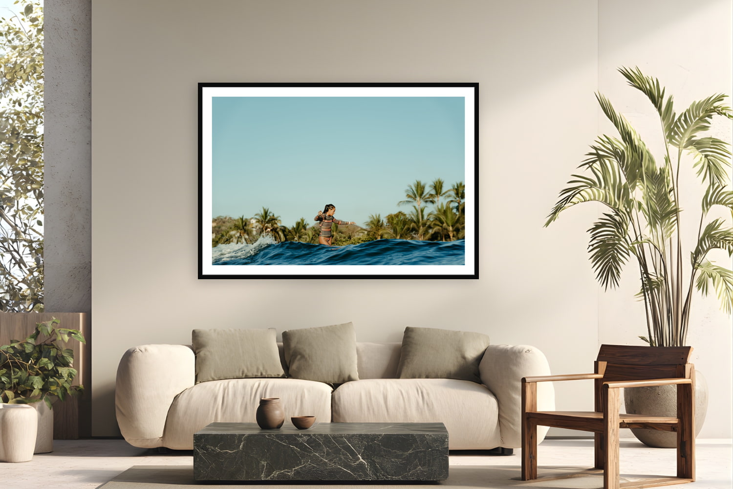 Black wood frame fine art print of Cross Step by Sarah Swan, Mexico, displayed on a modern living room wall — kelis cross-stepping on a longboard at the 2022 Mexi Log Fest — palm trees, warm water, and free surf before the competition.