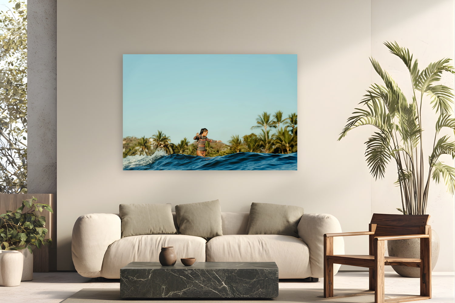 Metal print of Cross Step by Sarah Swan, Mexico, displayed on a modern living room wall — kelis cross-stepping on a longboard at the 2022 Mexi Log Fest — palm trees, warm water, and free surf before the competition.
