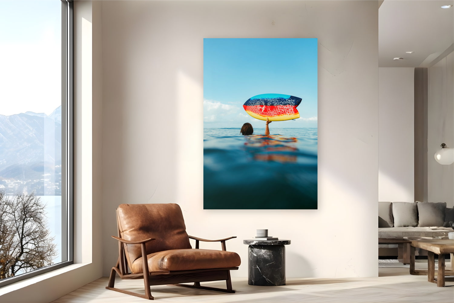 Metal print of Fishy by Sarah Swan, Mexico, displayed on a reading nook wall — between sets on a bigger swell day in Mexico — a rainbow fish board held overhead on a glassy sunrise morning.