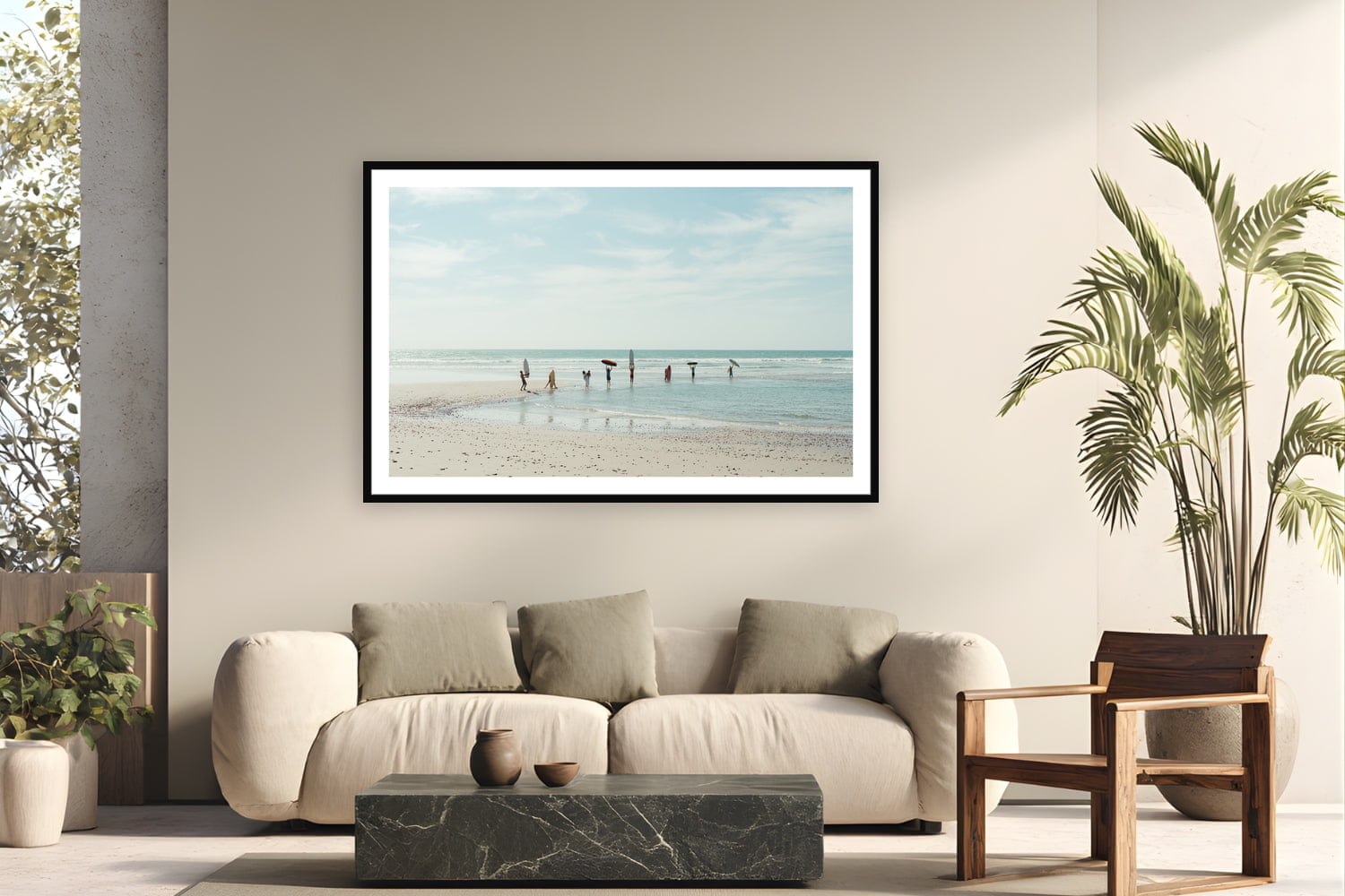 Black wood frame fine art print of Friends and Boards by Sarah Swan, Mexico, displayed on a modern living room wall — no waves, no problem — a lineup of friends and boards at the water's edge on a flat afternoon in Mexico.