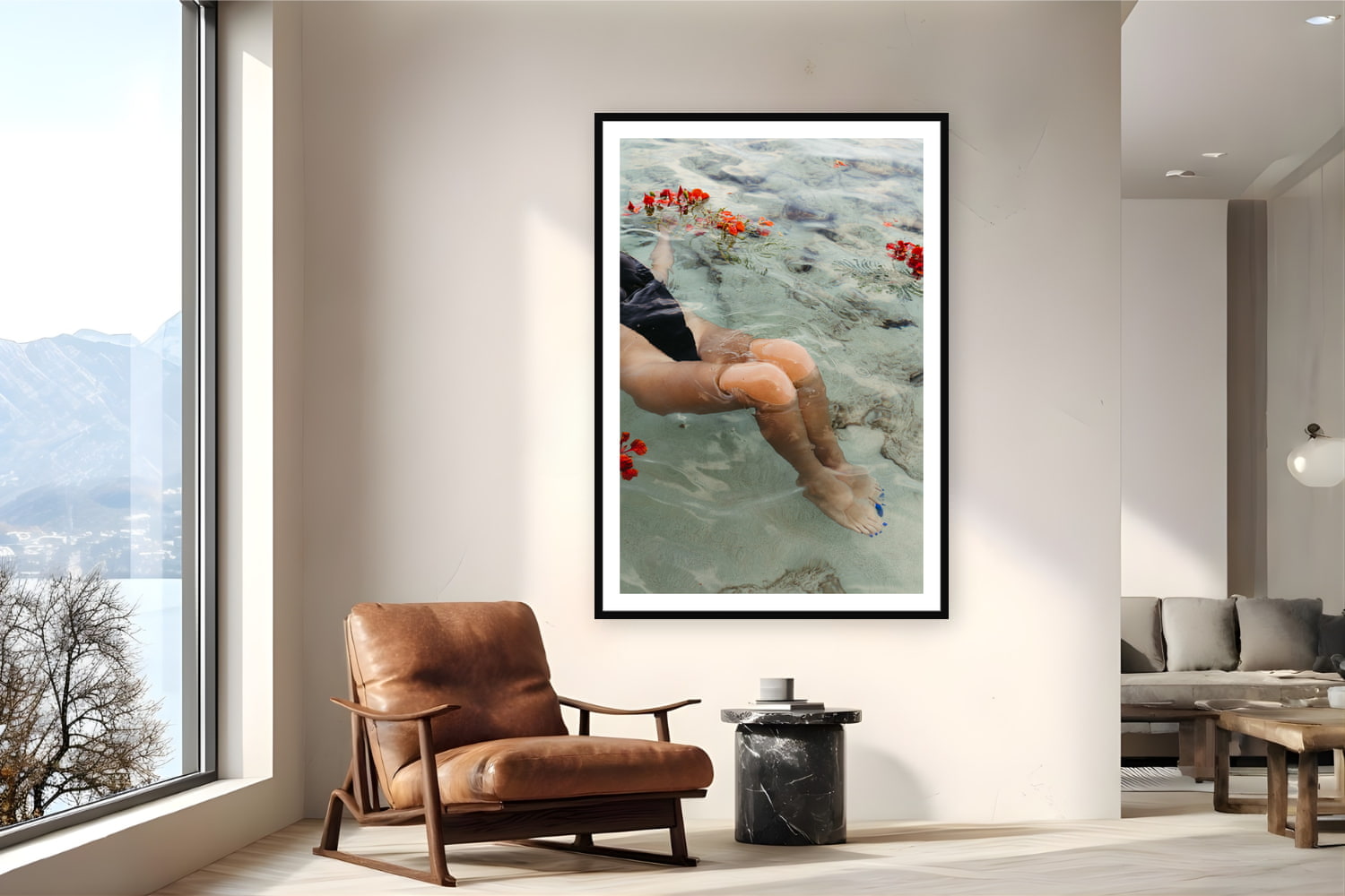 Black wood frame fine art print of Mermaid Tail by Sarah Swan, St. John, USVI, displayed on a reading nook wall — bougainvillea floating in the shallows of St. John on an early summer morning.