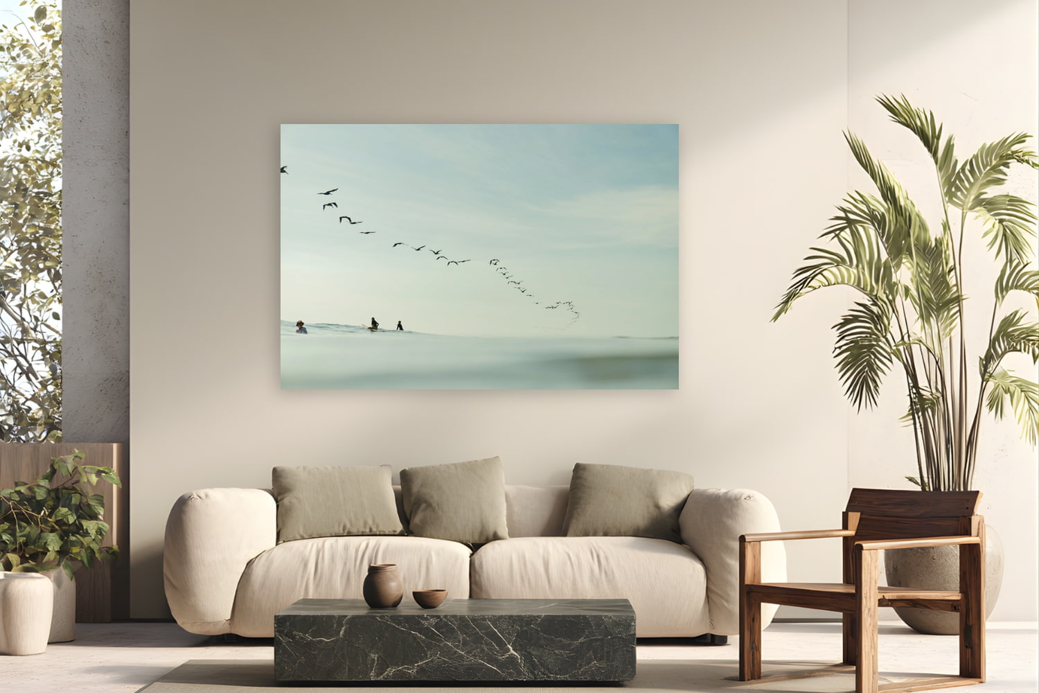 Metal print of Pelican Lineup by Sarah Swan, Costa Rica, displayed on a modern living room wall — a squadron of brown pelicans swept through the lineup in Costa Rica while three surfers waited for the last waves of the afternoon.