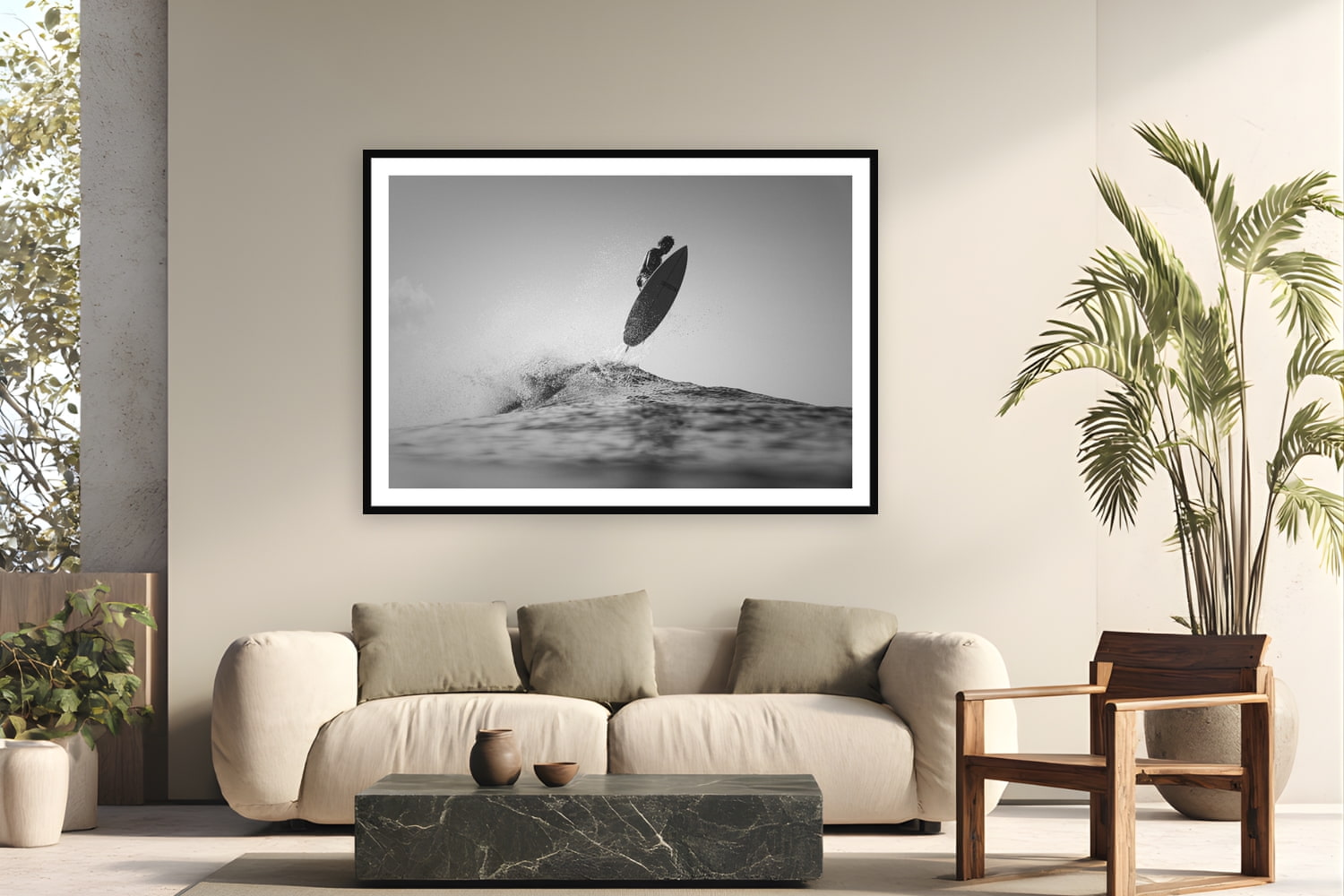 Black wood frame fine art print of Sky High by Sarah Swan, St. John, USVI, displayed on a modern living room wall — a hurricane swell on St. John's north shore — glassy, overhead, and shot from the water.
