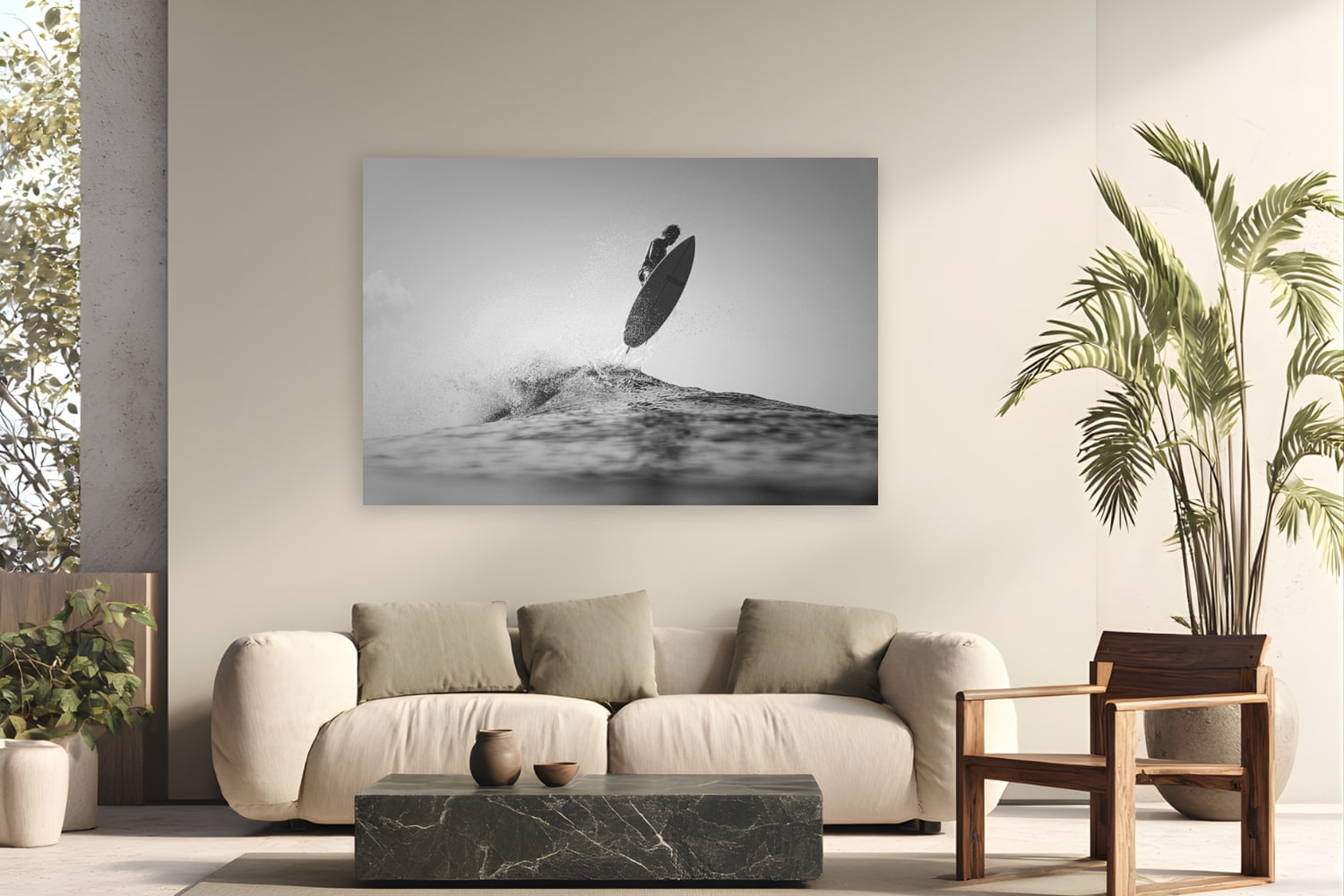 Metal print of Sky High by Sarah Swan, St. John, USVI, displayed on a modern living room wall — a hurricane swell on St. John's north shore — glassy, overhead, and shot from the water.