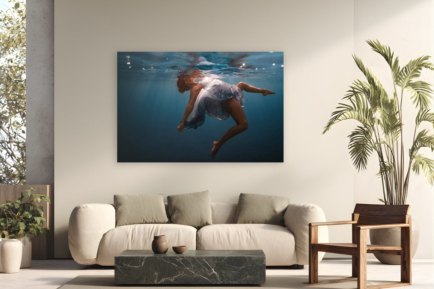 Metal print of Water Ballet by Sarah Swan, St. John, USVI, displayed on a modern living room wall — maddie is a ballet dancer who came to Sarah with the idea of shooting underwater — the Caribbean turned choreography into something else entirely.