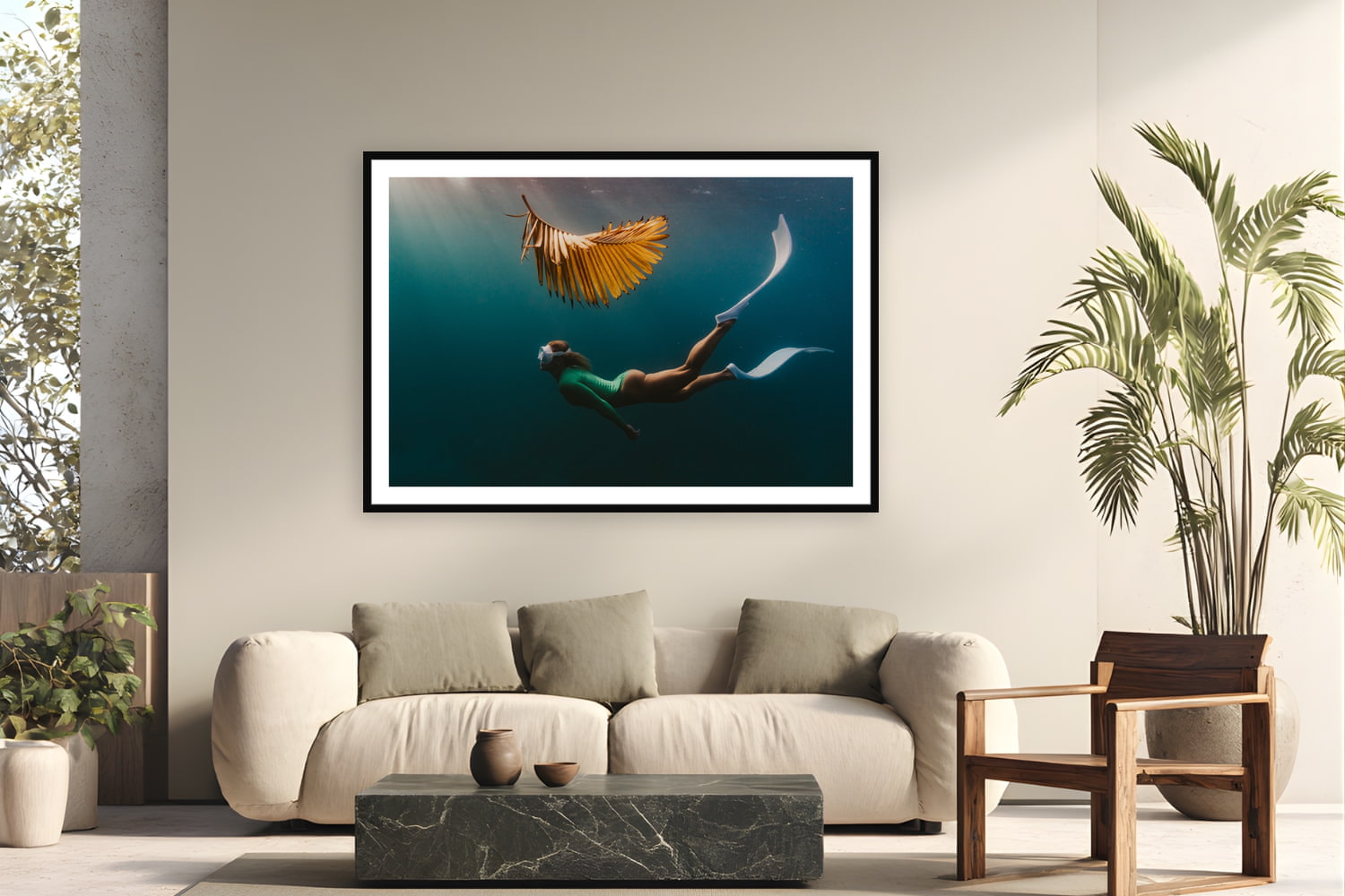 Black wood frame fine art print of Yellow Palm by Sarah Swan, St. John, USVI, displayed on a modern living room wall — a dead palm frond from Sarah's yard became the unexpected star of a freediving session in St. John.