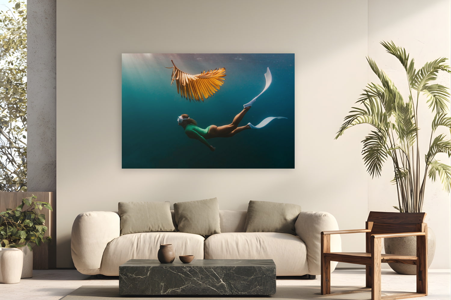 Metal print of Yellow Palm by Sarah Swan, St. John, USVI, displayed on a modern living room wall — a dead palm frond from Sarah's yard became the unexpected star of a freediving session in St. John.