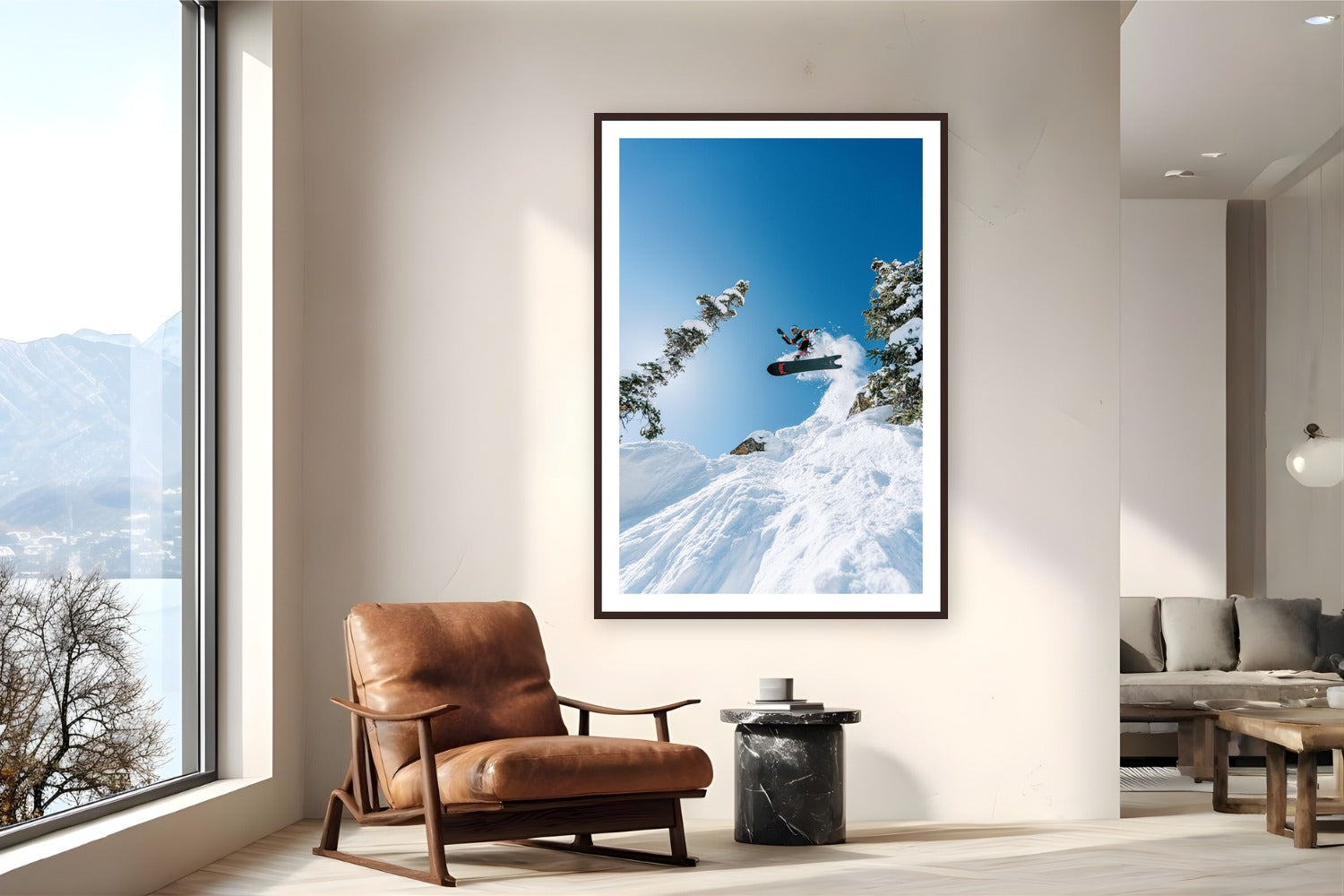 Cliff Jump by Tamara Šuša from Snowmass, Colorado - framed black frame fine art photography displayed in a reading nook setting