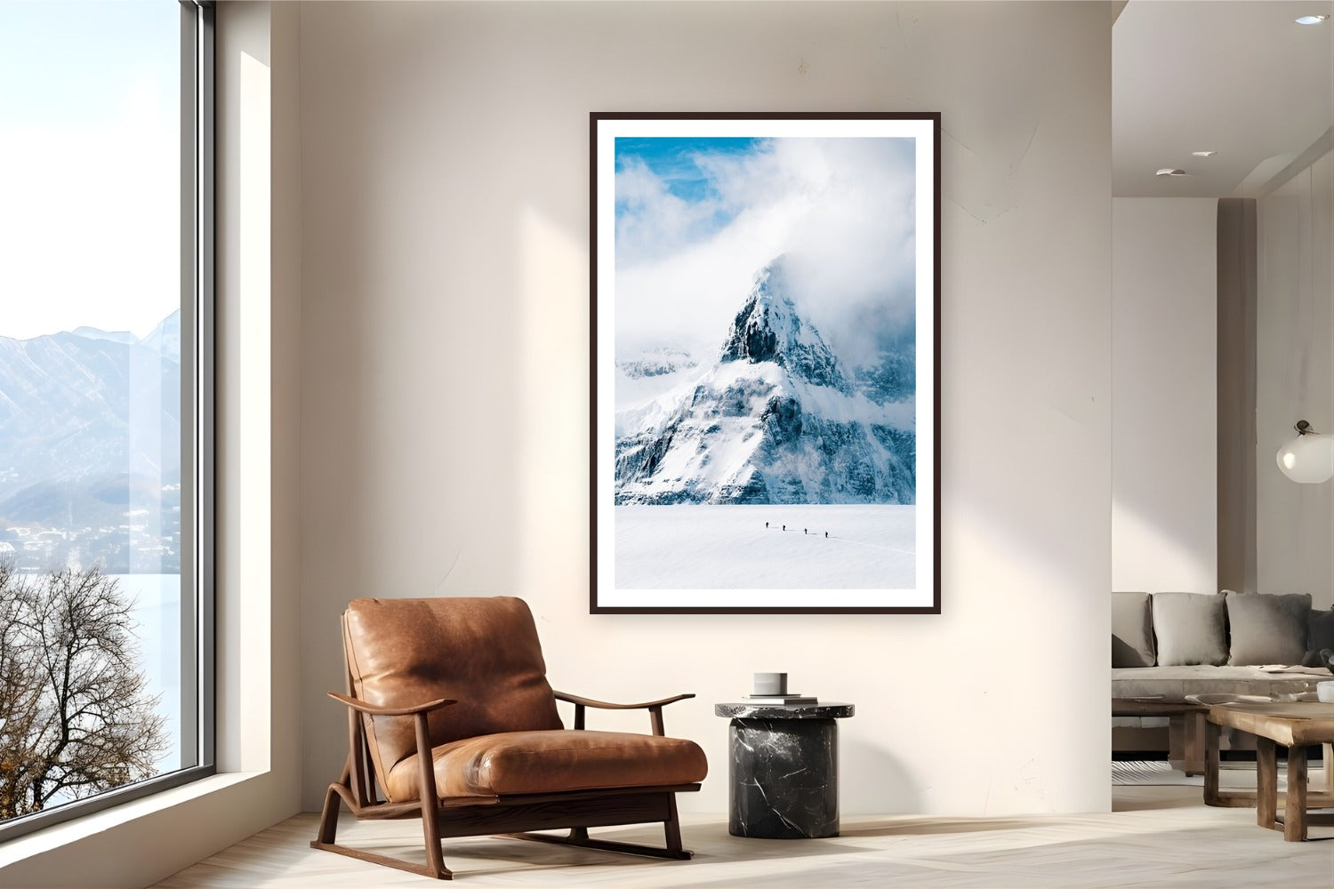 Into the White Cathedral by Tamara Susa from Antarctica - framed black frame fine art photography displayed in a reading nook setting