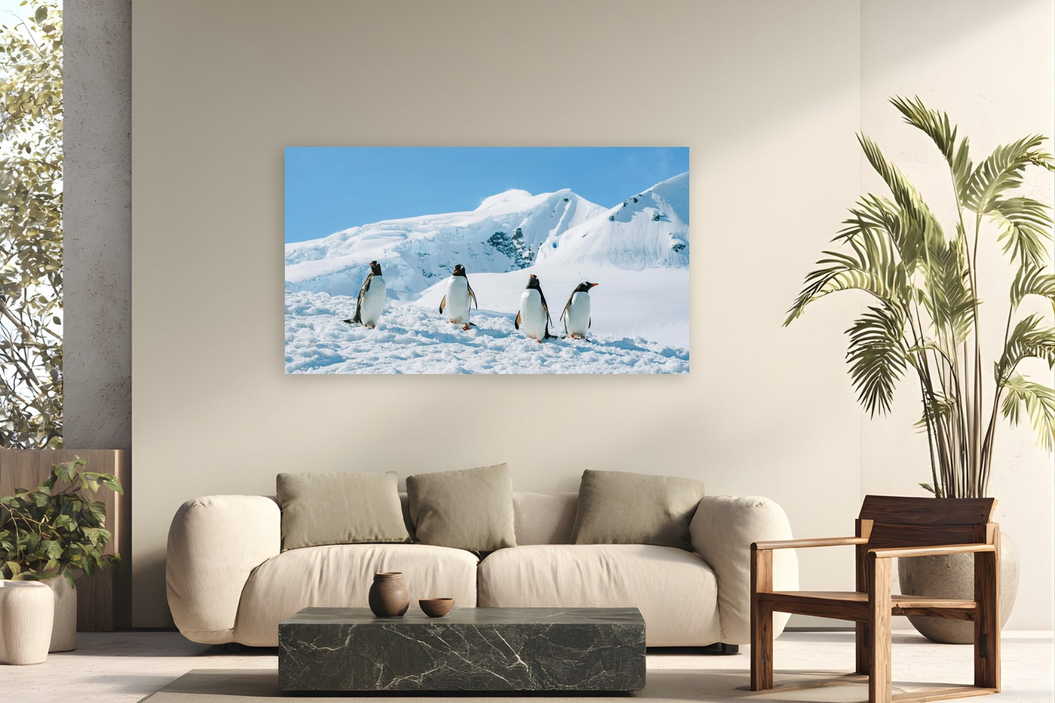 Penguin Party by Tamara Susa from Antarctica - metal print fine art photography displayed in a modern living room setting