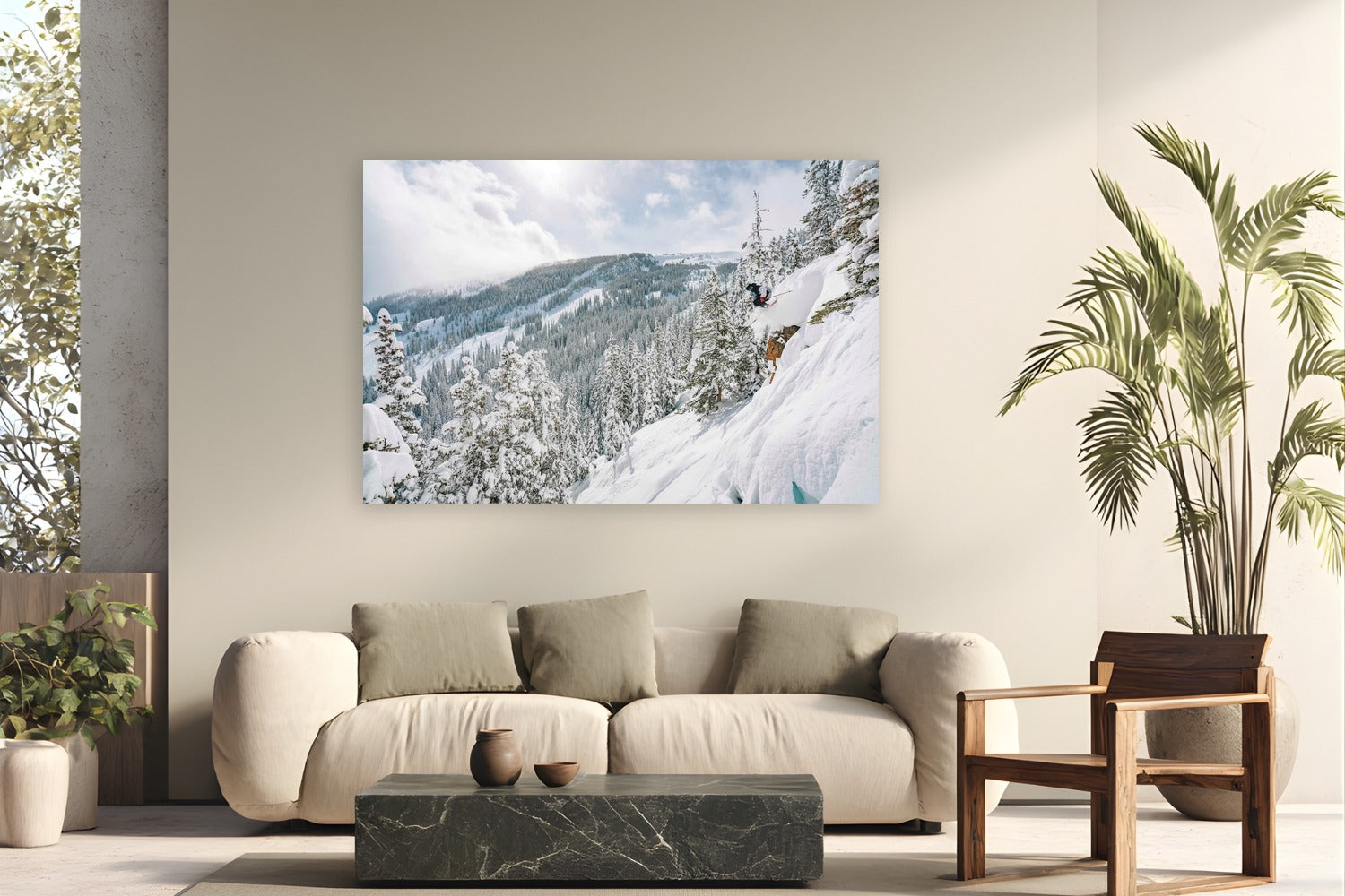 Pow Day by Tamara Susa from Snowmass, Colorado - metal print fine art photography displayed in a modern living room setting