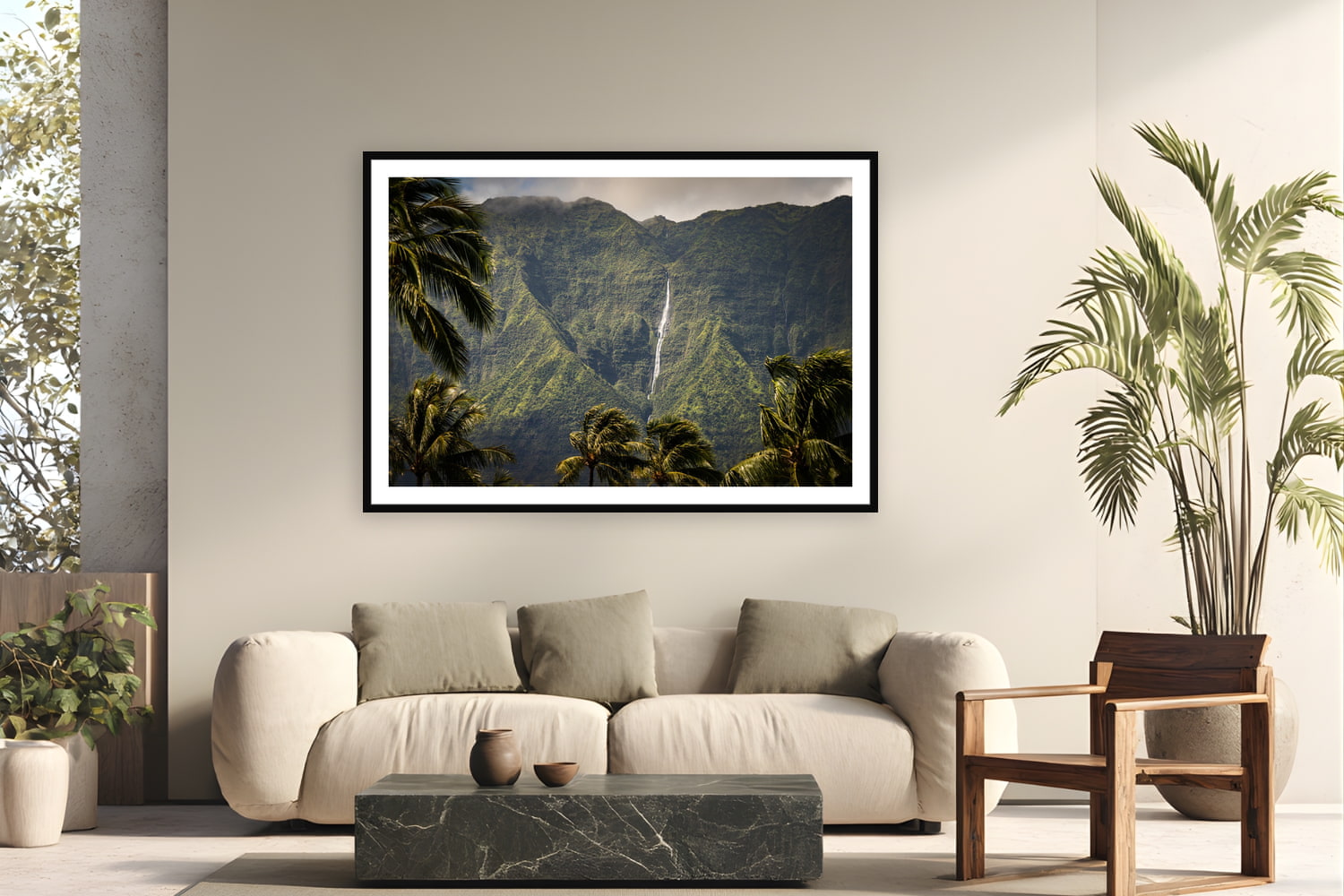 Black wood frame fine art print of Mountain Pulse by The Pickled Image, Hanalei, Kaua'i, displayed on a modern living room wall — nāmolokama — the mountain behind Hanalei whose waterfalls appear to flow straight out of the clouds.