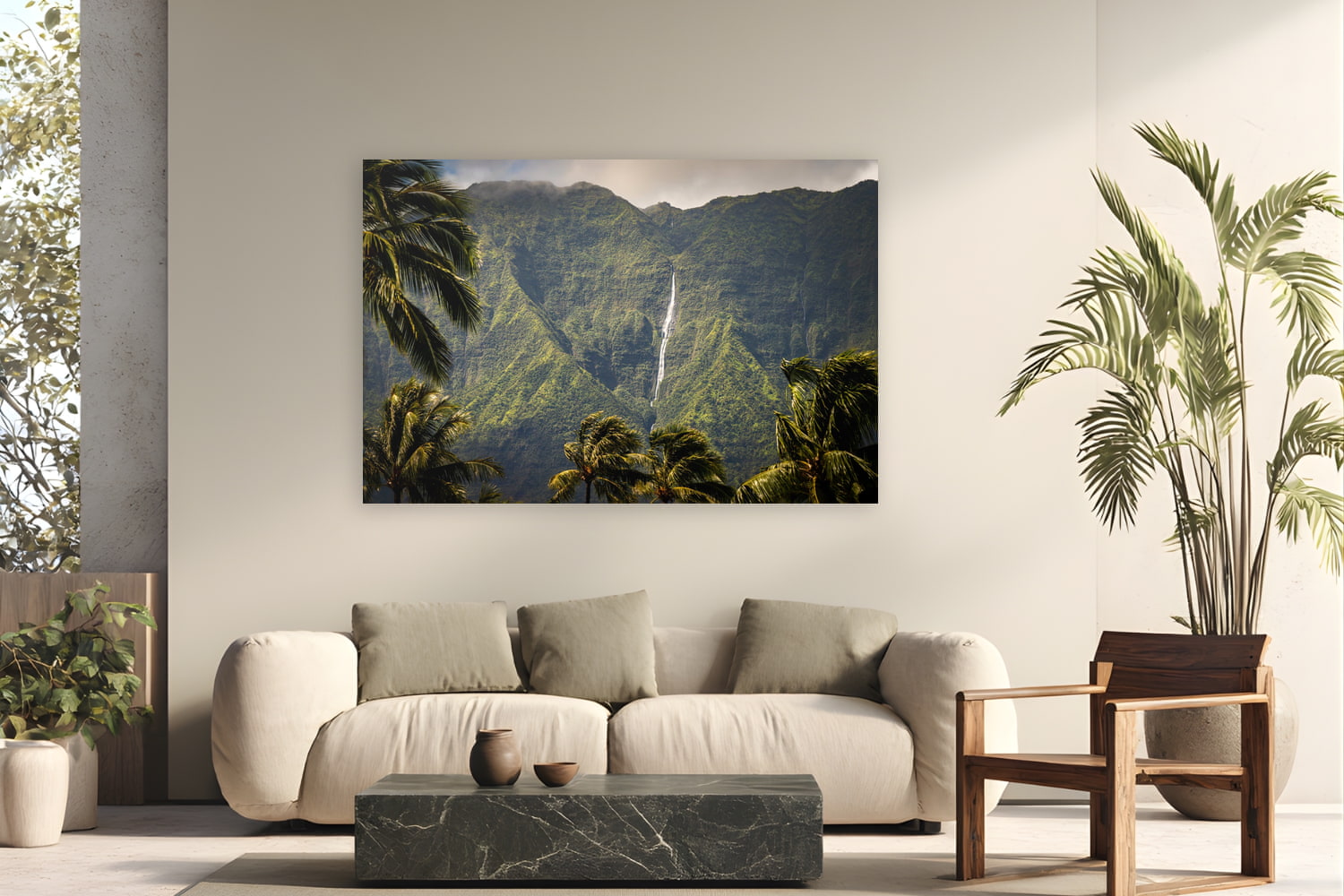 Metal print of Mountain Pulse by The Pickled Image, Hanalei, Kaua'i, displayed on a modern living room wall — nāmolokama — the mountain behind Hanalei whose waterfalls appear to flow straight out of the clouds.