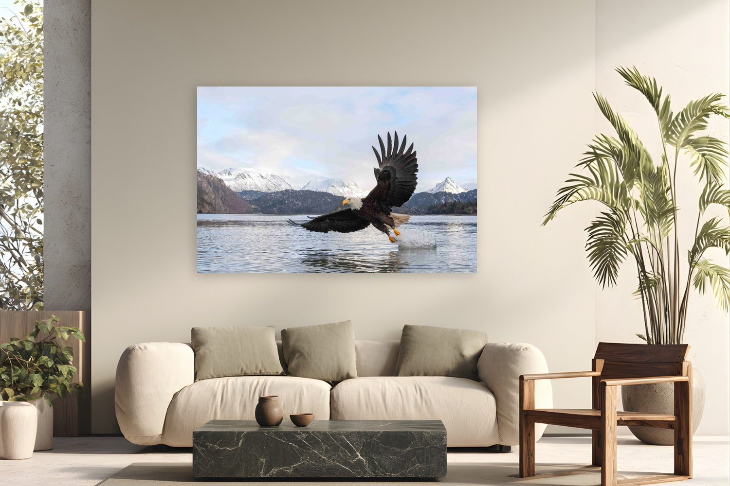 Bald Eagle by Tom Ingram from Homer, Alaska - metal print fine art photography displayed in a modern living room setting