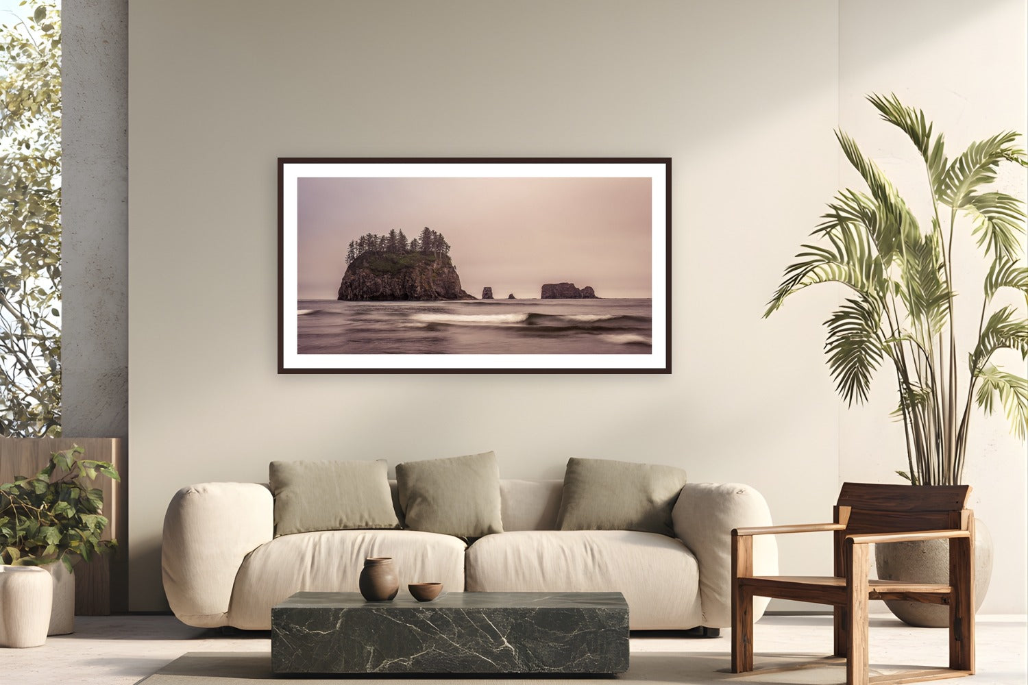 Ethereal Escape by Tom Ingram from Olympic National Park, Washington - framed black frame fine art photography displayed in a modern living room setting