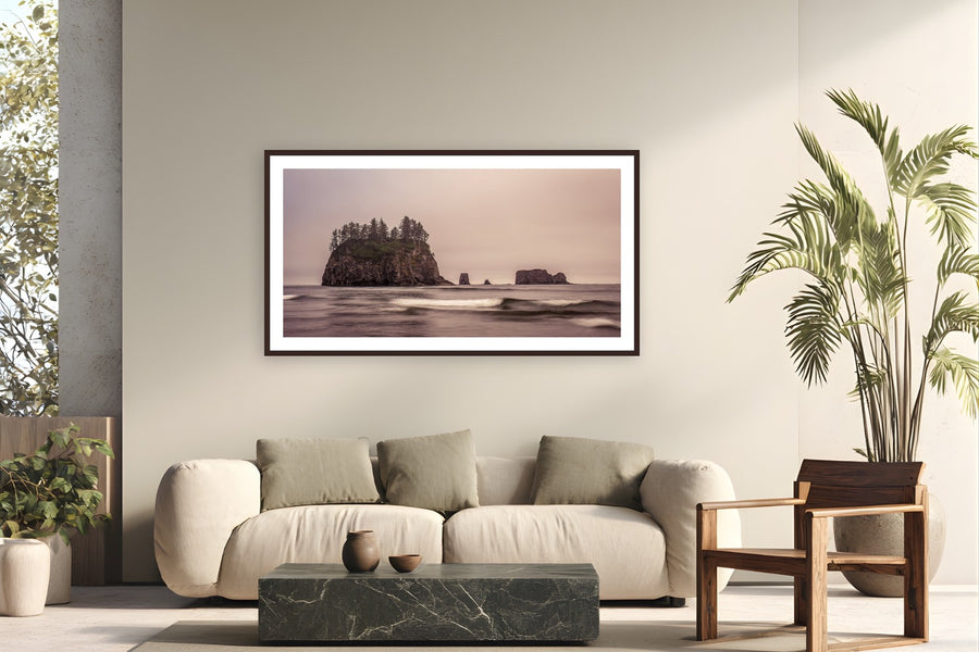 Ethereal Escape by Tom Ingram from Olympic National Park, Washington - framed black frame fine art photography displayed in a modern living room setting