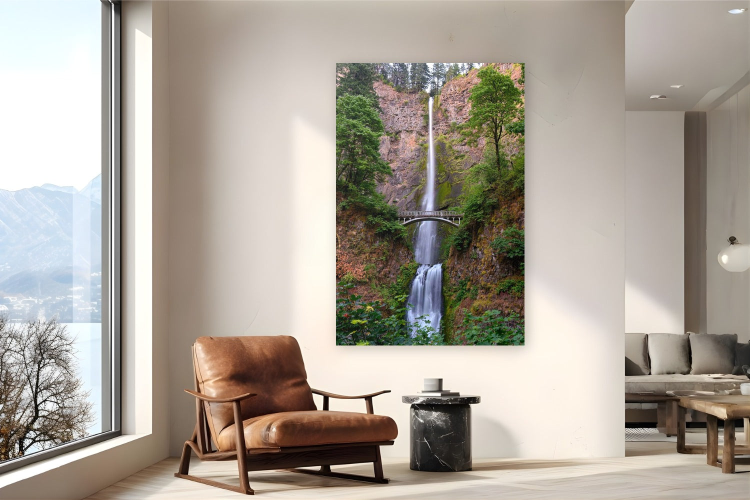 Iconic Multnomah Falls by Tom Ingram from Columbia River Gorge, Oregon - metal print fine art photography displayed in a reading nook setting