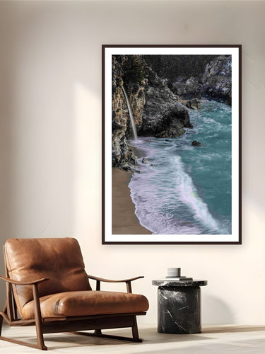 McWay Falls by Tom Ingram from Julia Pfeiffer Burns State Park, Big Sur, California - framed black frame fine art photography displayed in a reading nook setting