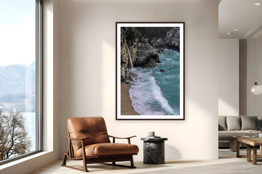 McWay Falls by Tom Ingram from Julia Pfeiffer Burns State Park, Big Sur, California - framed black frame fine art photography displayed in a reading nook setting
