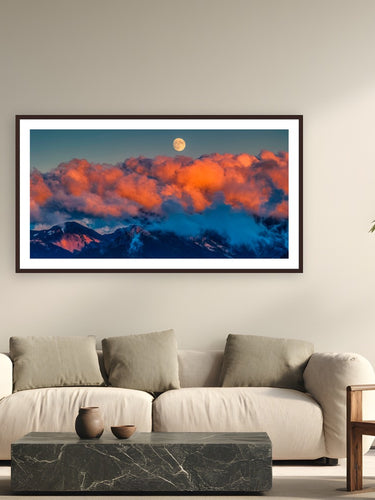 Moon Rising by Tom Ingram from Olympic National Park, Washington - framed black frame fine art photography displayed in a modern living room setting
