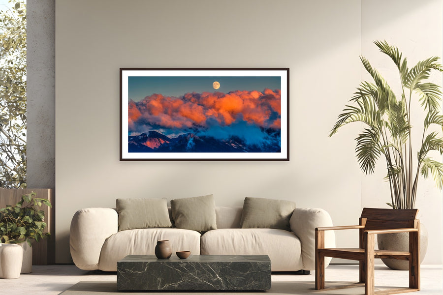 Moon Rising by Tom Ingram from Olympic National Park, Washington - framed black frame fine art photography displayed in a modern living room setting