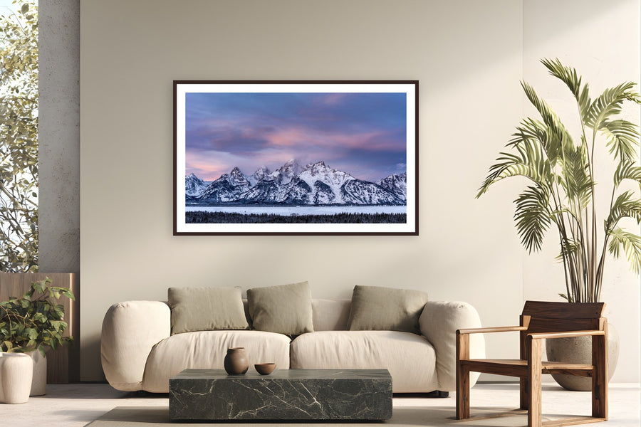 Serenity in the Teton by Tom Ingram from Grand Teton National Park, Wyoming - framed black frame fine art photography displayed in a modern living room setting