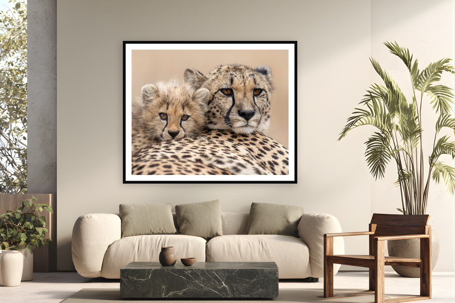 Black wood frame fine art print of Side by Side by Tom Ingram, Zimanga Private Game Reserve, South Africa, displayed on a modern living room wall — a cheetah mother and cub, cheek to cheek, at Zimanga Private Game Reserve in Zululand.